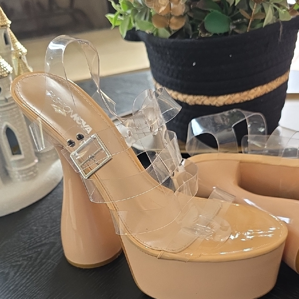 Fashion Nova Nude Platform Heels with Clear Straps - Picture 2 of 5